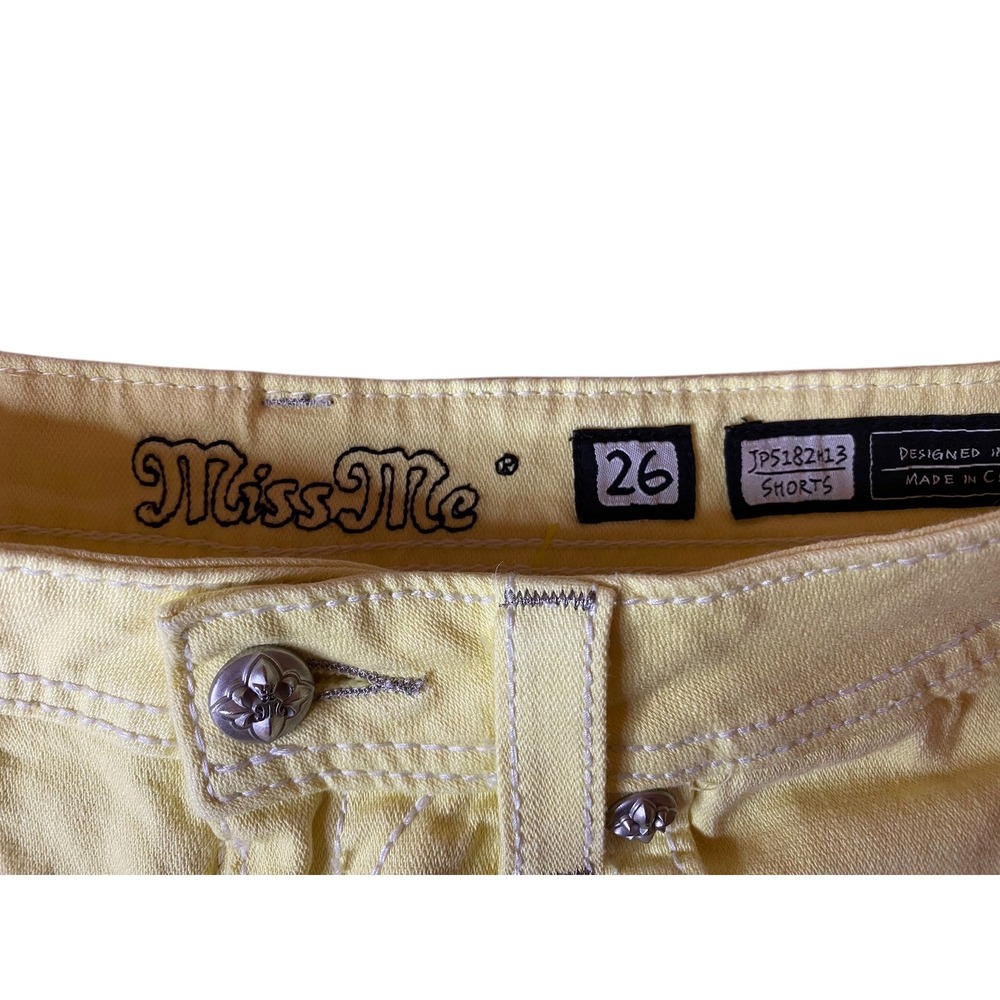 Miss Me Jean Shorts Yellow Denim Fleur De Lis Jeweled Embellished Size 26 - Picture 3 of 5